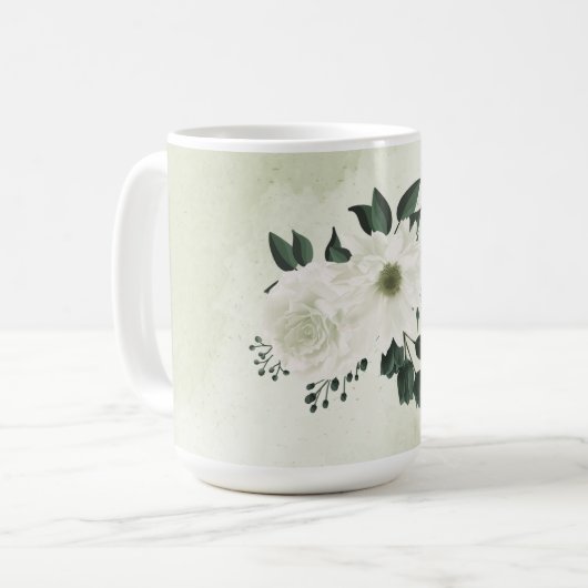 Schöne weiße Blume, grüne Blätter Kaffeetasse (Vorderseite Links)
