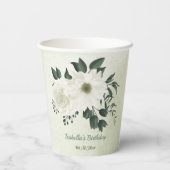 Schöne weiße Blume, grüne Blätter Pappbecher (Rückseite)