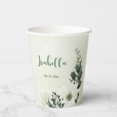 Schöne weiße Blume, grüne Blätter Pappbecher (Rückseite)