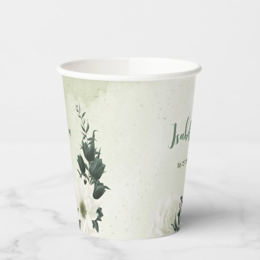 Schöne weiße Blume, grüne Blätter Pappbecher (Links)