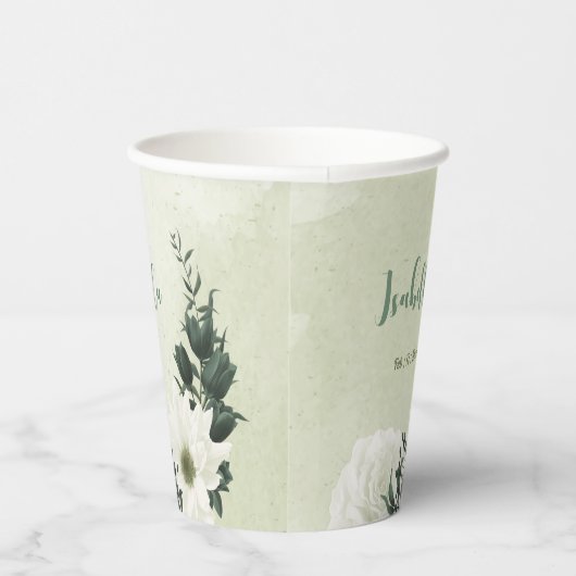 Schöne weiße Blume, grüne Blätter Pappbecher (Rechts)