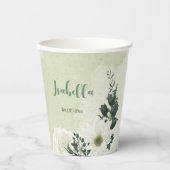 Schöne weiße Blume, grüne Blätter Pappbecher (Vorderseite)