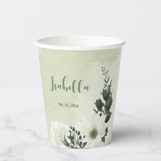 Schöne weiße Blume, grüne Blätter Pappbecher (Vorderseite)