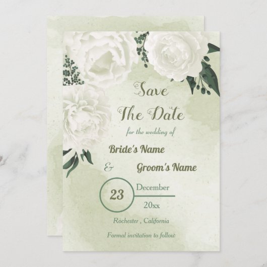 schöne weiße Blume mit grünen Blätter Save The Date (Vorne/Hinten)