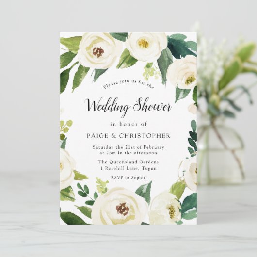 Schöne weiße Blume Paare Polterabend Einladung (Stehend Vorderseite)