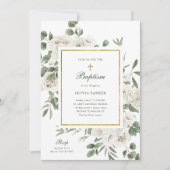 Schöne weiße Blume und Gold | Taufe Einladung (Vorderseite)