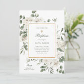 Schöne weiße Blume und Gold | Taufe Einladung (Stehend Vorderseite)