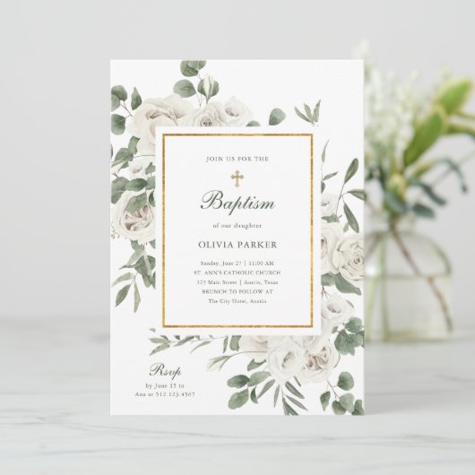 Schöne weiße Blume und Gold | Taufe Einladung (Stehend Vorderseite)