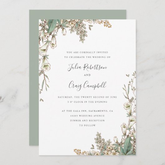 Schöne weiße Blumen Blätter Whimsikale Hochzeit Einladung (Vorne/Hinten)