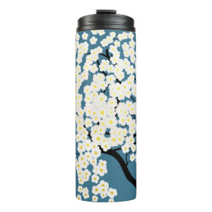 Schöne weiße Blumen blühender Baum Kunst Thermosbecher