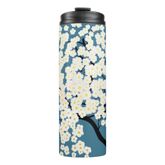 Schöne weiße Blumen blühender Baum Kunst Thermosbecher (Vorderseite)