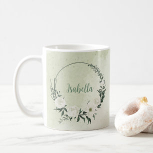 Schöne weiße Blumen grüne Blätter Kaffeetasse