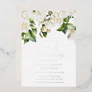 Schöne weiße Blumen & Silber 25. Hochzeitstag Folieneinladung