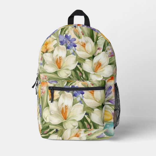 Schöne weiße Crocuses, С Frühlingsblumen Bedruckter Rucksack (Vorderseite)