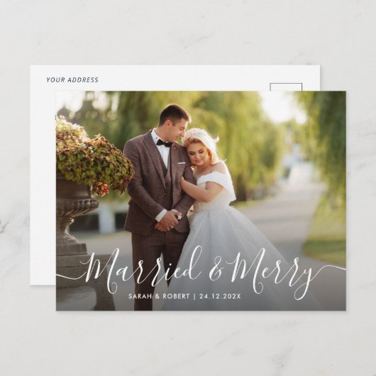 schöne weiße Drehbuch Feiertage Hochzeitsankündigu Postkarte (Vorne/Hinten)