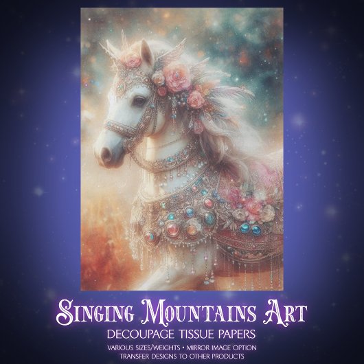 Schöne Weiße Fantasie-Pferd Mit Blumen Decoupage Seidenpapier
