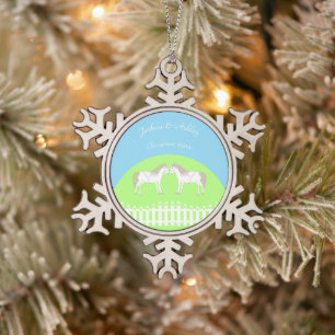 Schöne weiße Hochzeitspferde nach Maß Schneeflocken Zinn-Ornament