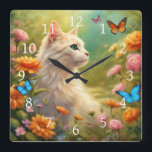 Schöne weiße Katze im Garten 713 Quadratische Wanduhr<br><div class="desc">Niedliche weiße Katze in einem Garten,  die Schmetterlinge betrachtet</div>