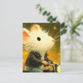 Schöne weiße Maus auf dem Motorrad in Schwarz Postkarte (Stehend Vorderseite)