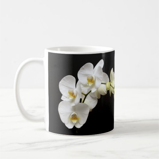 Schöne weiße Orchidee mit schwarzem Hintergrund Kaffeetasse (Links)
