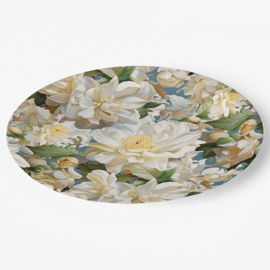 Schöne weiße Perle und magnolisches Muster Pappteller (Schrägansicht)