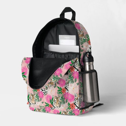 Schöne weiße rosa Tiger-Blumenmalerei Bedruckter Rucksack (Rückseitige Ecke links (Offen) )