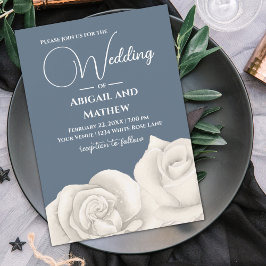 Schöne Weiße Rose, duftiges Blau und Weiße Hochzei Einladung