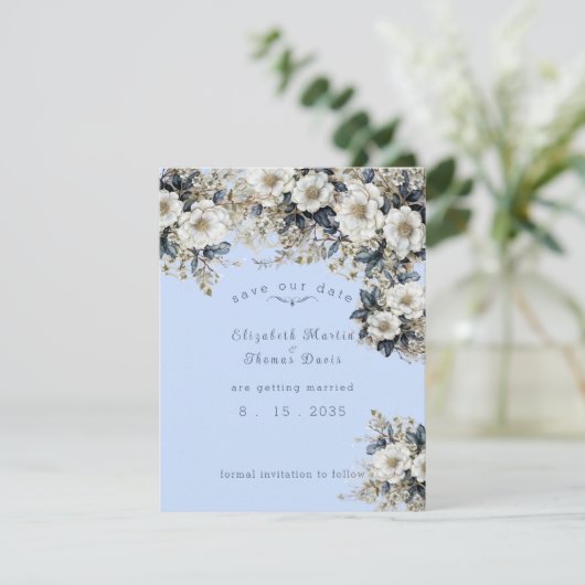 Schöne weiße Rosen Vines Blau Blätter Save The Date (Stehend Vorderseite)