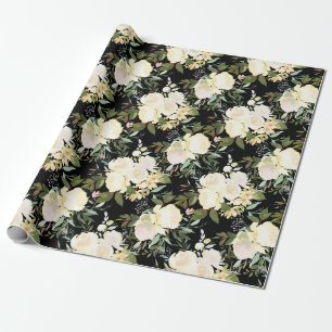 Schöne weiße Rosen Wasserfarbe Schwarz Geschenkpapier