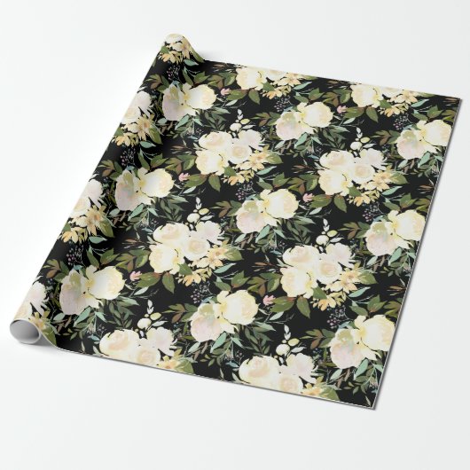 Schöne weiße Rosen Wasserfarbe Schwarz Geschenkpapier (Ungerollt)