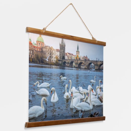 Schöne weiße Schwäne am Fluss Vitava in Prag Wandteppich Mit Holzrahmen (Gewinkelt)