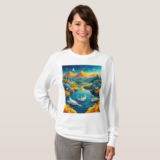 . Schöne weiße Schwäne schwimmen im See T-Shirt (Vorne ganz)