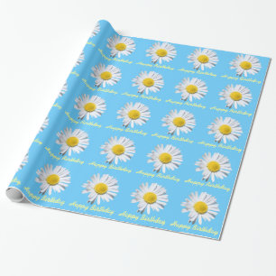 Schöne, weiße, sonnige Blume in blauer glücklicher Geschenkpapier