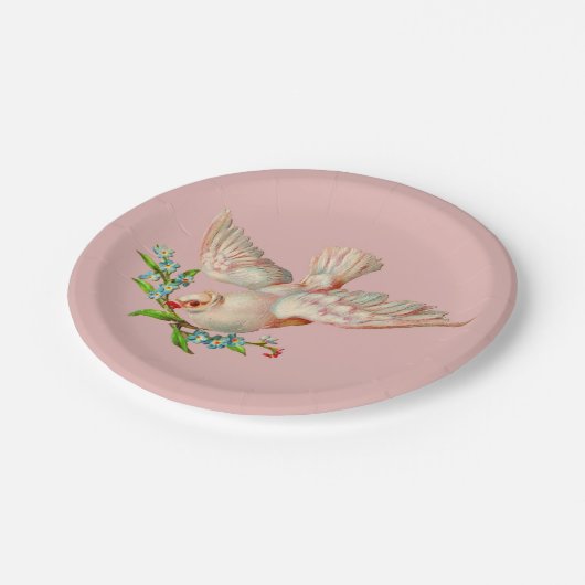 schöne weiße Taube mit Sprig im Mund Pappteller (Schrägansicht)