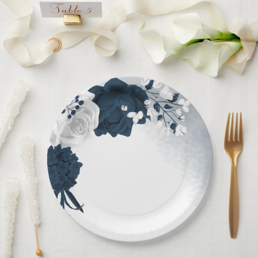 Schöne weiße und marineblaue Blumen Pappteller (Hochzeit)
