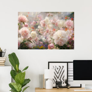 Schöne weiße und rosa Pfingstrosen Aquarellmalerei Poster