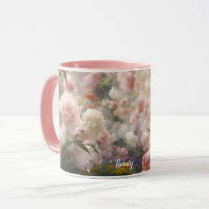 Schöne weiße und rosa Pfingstrosen Aquarellmalerei Tasse