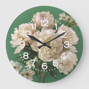 Schöne weiße und rosa Pfingstrosen auf grünem Hint Große Wanduhr