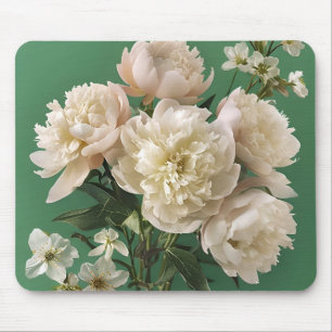 Schöne weiße und rosa Pfingstrosen auf grünem Hint Mousepad