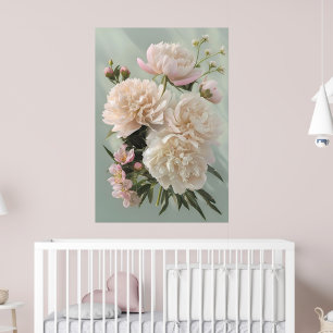Schöne weiße und rosa Pfingstrosen auf grünem Hint Poster