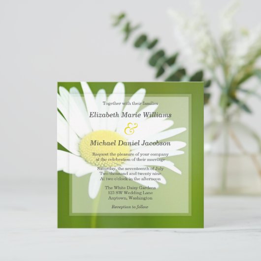 Schöne weißes Gänseblümchen-Hochzeits-Einladungen Einladung (Stehend Vorderseite)