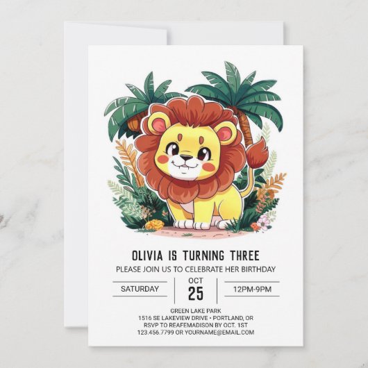 Schöne Whimsical Lion Digital Geburtstag Einladung (Vorderseite)