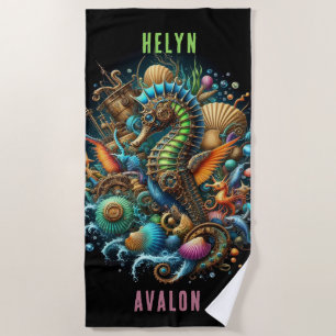 SCHÖNE WHIMSICAL STEAMPUNK-SEEPFERDCHEN AUF SCHWAR STRANDTUCH