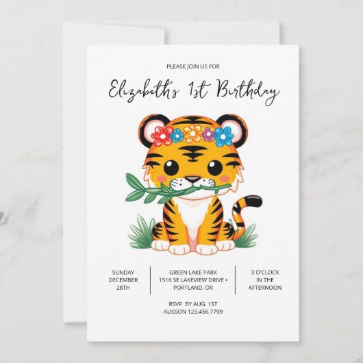 Schöne Whimsical Tiger 1. Geburtstag Digital Einladung (Vorderseite)