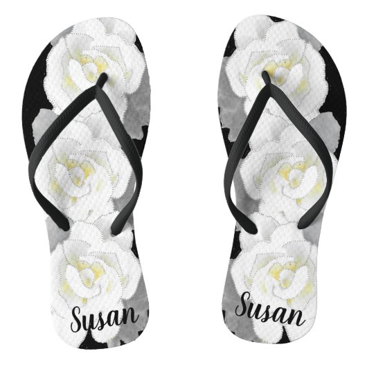 Schöne White Gardenia Blume auf Black Flip Flops Badesandalen (Fußbett)