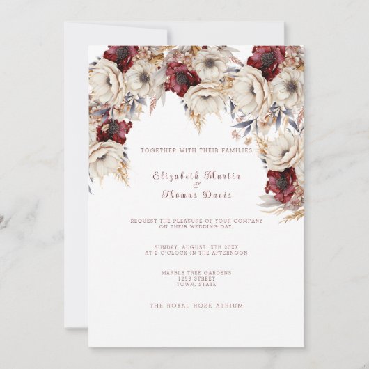 Schöne White Roses Burgundy Poppies Einladung (Vorderseite)