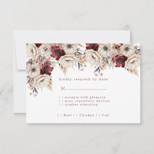 Schöne White Roses Burgundy Poppies RSVP Karte (Rückseite)
