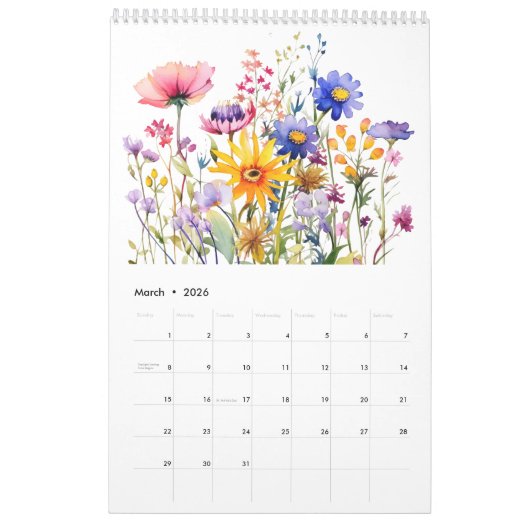 Schöne Wildblume Wasserfarbe Botanischer Garten Kalender (Mär 2026)