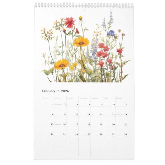 Schöne Wildblume Wasserfarbe Botanischer Garten Kalender (Feb 2026)