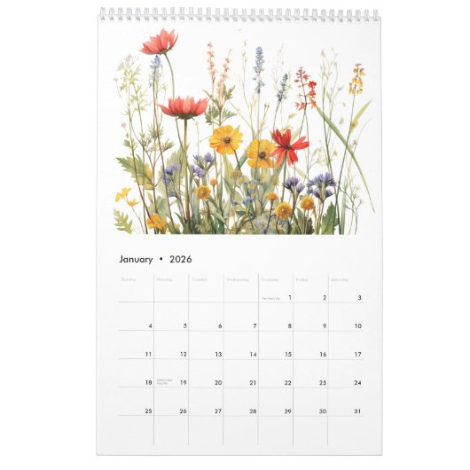 Schöne Wildblume Wasserfarbe Botanischer Garten Kalender (Jan 2026)